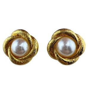 Gold Tone Clip On Earrings‎ Faux Pearl Twisted Design Classic Elegant